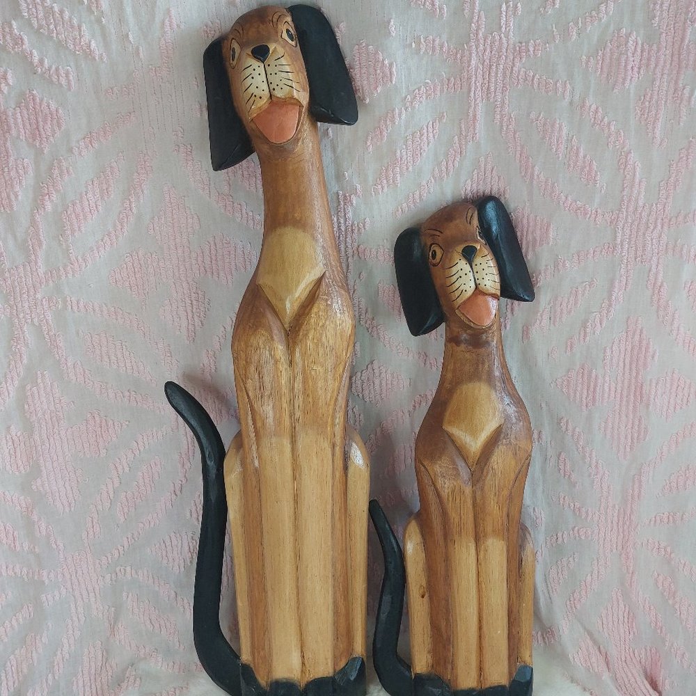 Vintage Balinese Wooden Hand Carved Tall Doggies Standing Statue 31” & 24” Tall